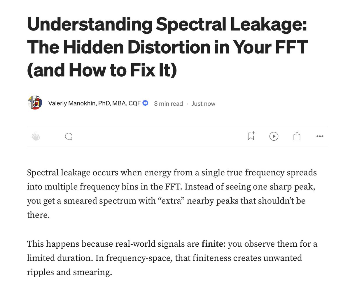 predict_addict's tweet image. My new article &apos;Understanding Spectral Leakage: The Hidden Distortion in Your FFT (and How to Fix It)&apos; has been published on Medium.

#signalprocessing #timeseries #machinelearning #datascience