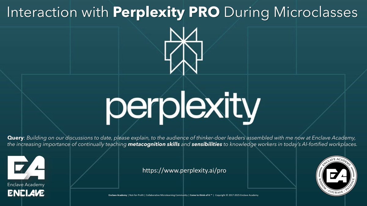JohnRDallasJr's tweet image. Though @grok is our &quot;go to bot&quot; (GTB) at @EnclaveAcademy, @perplexity_ai PRO&apos;s rigorous &quot;algorithmic scholarship&quot; we value for deep dives.

Its elegant appearance and ease of use reduce distractions from #metacognition&apos;s value for thinker-doers in a #workplace—or any #thinkplace.