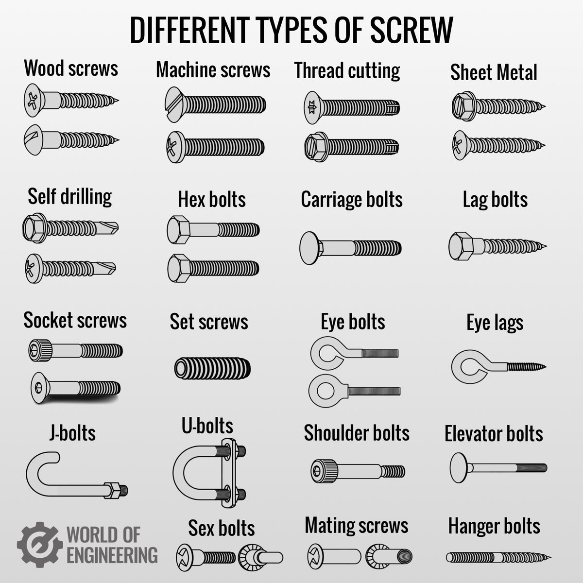 engineers_feed's tweet image. Different types of screw. 

 1. Wood screws are perhaps the most commonly recognised type of screw. They have a smooth shank and tapered point that make them ideal for penetrating wood. What they’re used for: all types of wood.
 
2. Machine screws. Blunt ended screws with…