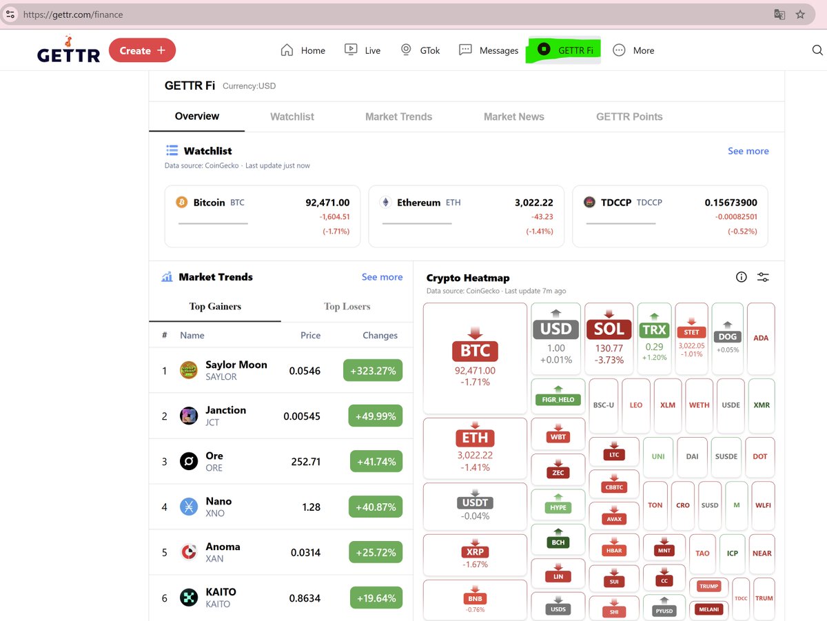 美国之声--GETTR Fi 上线】2025年11月17日GETTR Fi（GETTR FINANCE）上线。 全面掌握加密货币市场动向，从这里开始！  🍀打造你专属的关注列表（Watchlist）； 🍀实时追踪市场趋势（Market Trends）； 🍀热力图（Crypto  Heatmap）一眼洞察涨跌热点； 🍀全网最新资讯 ...