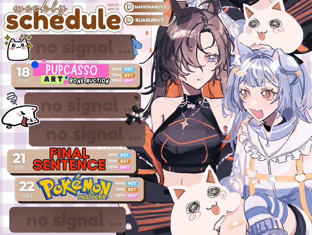 NanaruruVT's tweet image. ⋆⁺₊🐶📡WEEKLY SCHEDULE【11/17 → 11/23】

OTSUNARRUUUUU
------------------------------------------
🎥Clips → #puppoclips
✏️Art → #naruoodle
🐶🐶General → #nanaruruvt