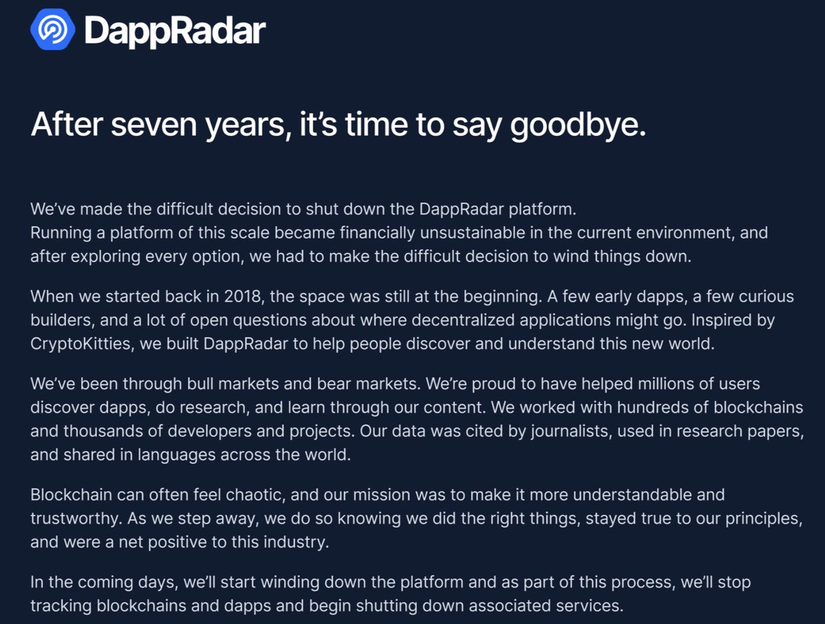 🚨DAPP RADAR SHUTTING DOWN

After 7 years of operations, DappRadar has posted a farewell message announcing its closure.
