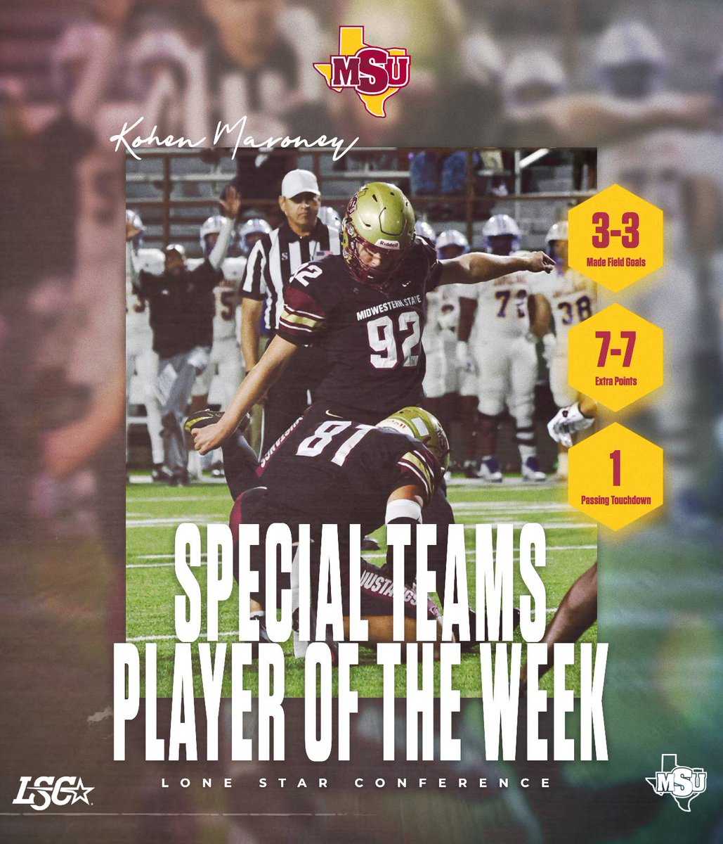 🏈POTW | <a href="/MSUTexasFB/">Midwestern State Football</a> | Cedonyae Lott and Kohen Maroney shined this weekend in Silver City, earning LSC Offensive POTW and LSC Special Teams POTW, respectively. Lott earns his third weekly award of the season, first OPOTW, while Maroney earns his first career accolade.

#StangGang