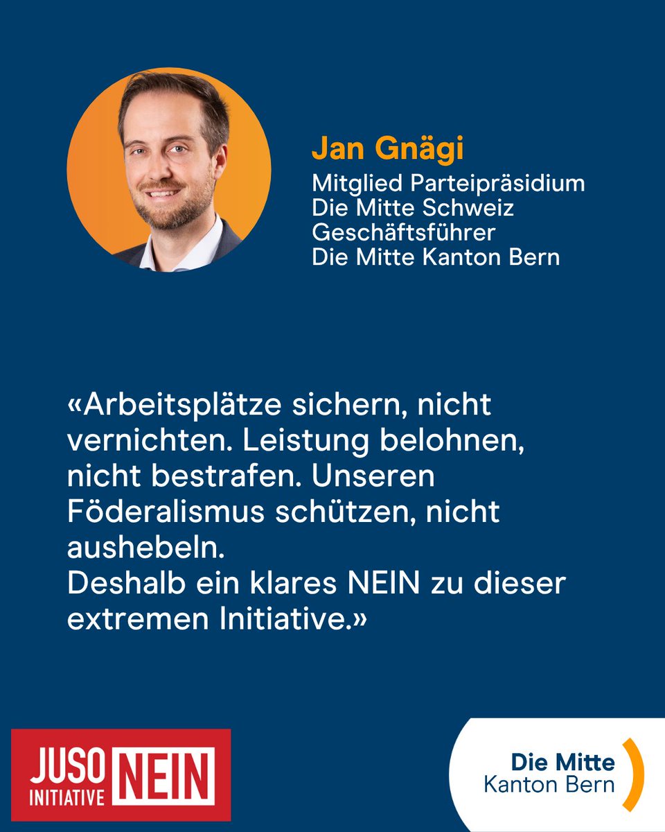 Auch unser Geschäftsführer Jan Gnägi lehnt die "Initiative für eine Zukunft" der Juso am 30. November klar ab.

#DieMitteBE #Abst25 #JUSOnein #Erbschaftssteuer #KMUkiller