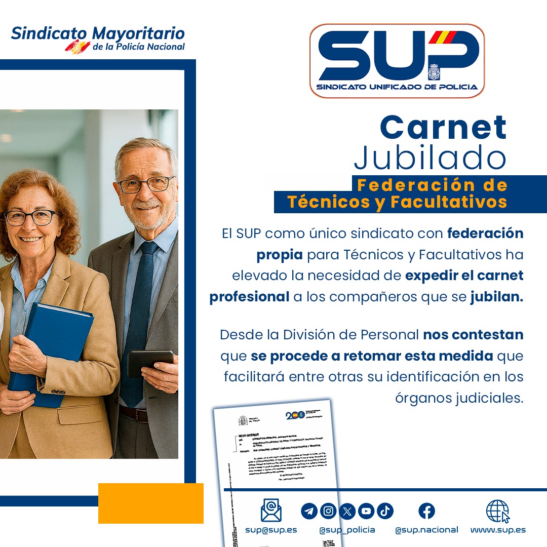 El <a href="/Sup_Policia/">SUP</a> único sindicato policial con Federación de #FacultativosyTécnicos consigue que la #DGP retome la expedición de los #Carnets a los compañeros que pasan a #Jubilación
Esta medida facilitará entre otras su identificación ante los órganos judiciales