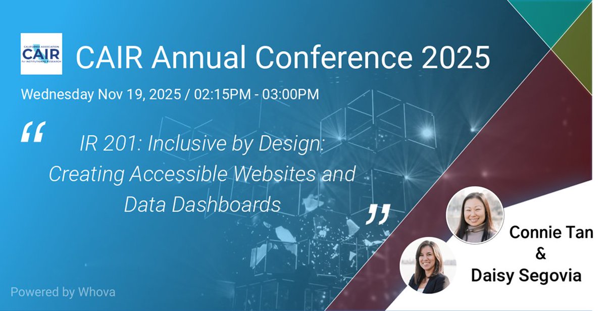 The CAIR Annual Conference is this week! Our Graphic Design and Digital Accessibility Manager, Connie Tan, and Associate Director of Research and Visualizations, Dr. Daisy Segovia, will be there! What accessiblity questions do you have? #Accessiblity #HigherEducation