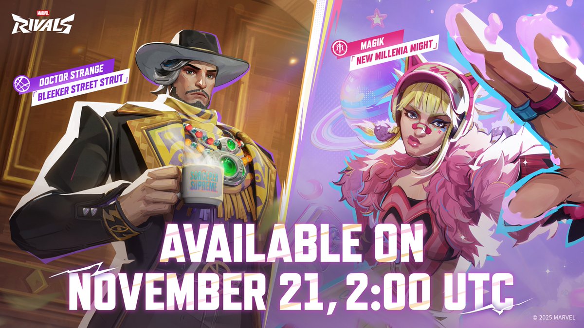 MarvelRivals's tweet image. Your style, your rules. 

After countless battles, it&apos;s time to take a break as Magik&apos;s New Millenia Might and Doctor Strange&apos;s Bleeker Street Strut. The battlefield yearns for glory, but only after living your daily life!

Available: November 20 at 6 PM PT!

Dress for…