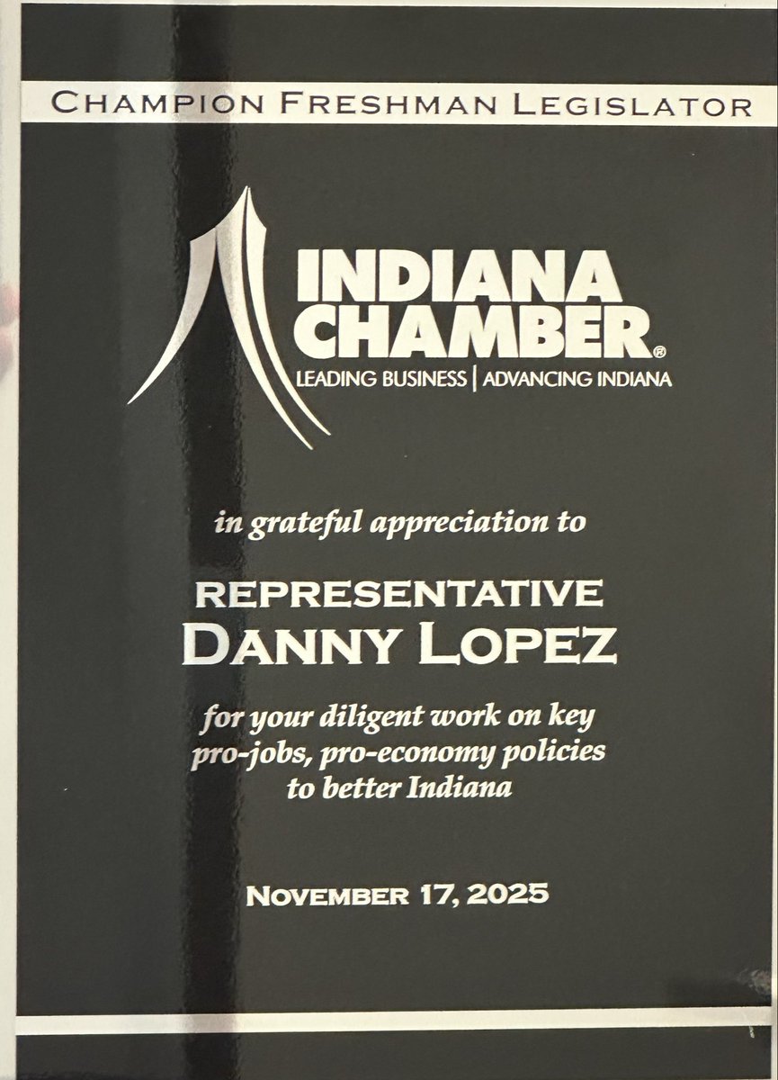 Formally recognized by <a href="/IndianaChamber/">Indiana Chamber</a> as Champion Freshman Legislator this morning. Honored &amp; grateful, &amp; staying focused on the real work: driving issues that move the needle for Hoosier families &amp; building on the momentum of two decades of success.