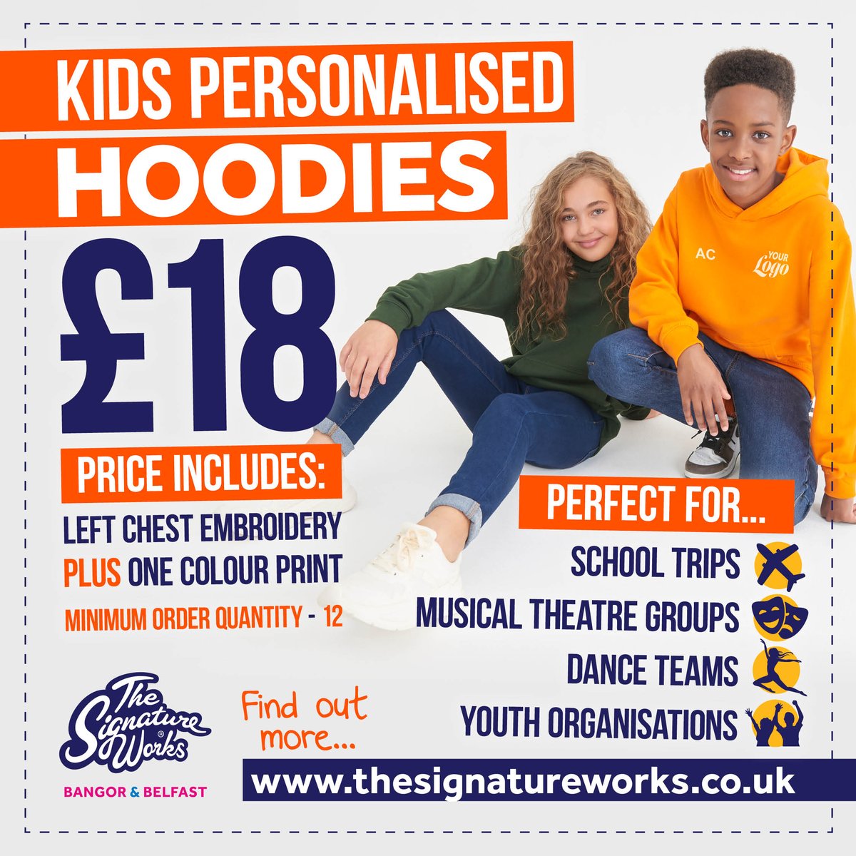 SignatureWorks's tweet image. Check out our amazing Kids Hoodie Offer! 
Personalised Hoodies with embroidery &amp;amp; screenprint.
Ideal for: Drama groups 🎭 Dance teams 💃 Sports clubs ⚽
Youth &amp;amp; community groups 👫

High-quality with a professional look - Made to shine.
Find out more today: tinyurl.com/f63bb6ep