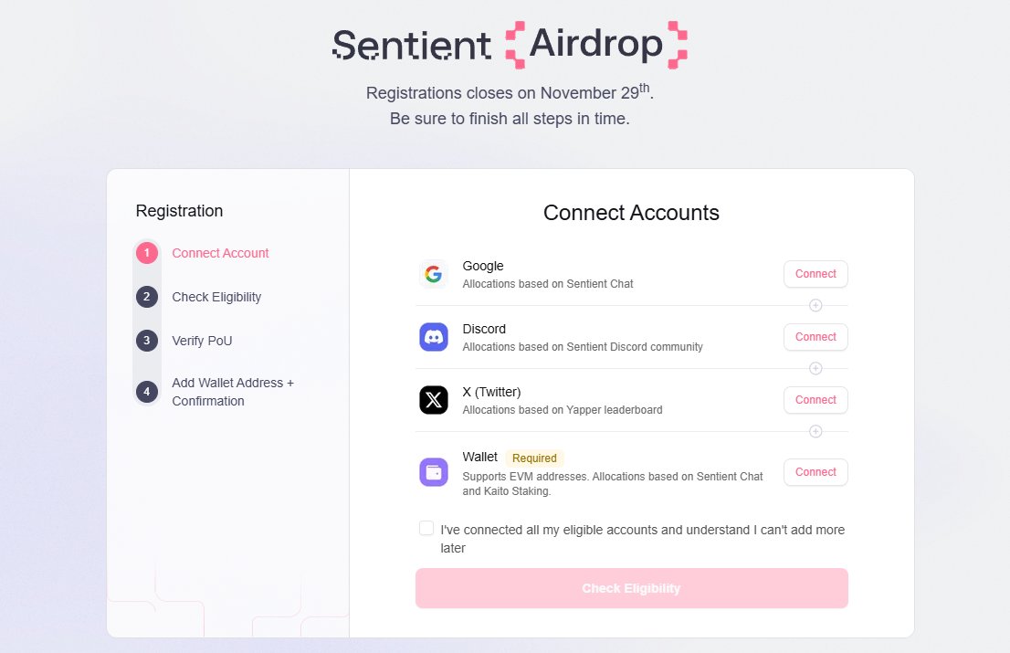 Airdrop_Lin's tweet image. 大的要來了！！！！！

sentient @SentientAGI 的空投註冊網站上線了，跟之前社區流出的一樣

airdrop.sentient.xyz

google : 可能是使用過 Sentient Chat 的帳號
DC : 社區角色
X : kaito
錢包 : 分配基於 Sentient Chat 和 Kaito Staking

奇怪的是我錢包沒資格

@sentient_zh