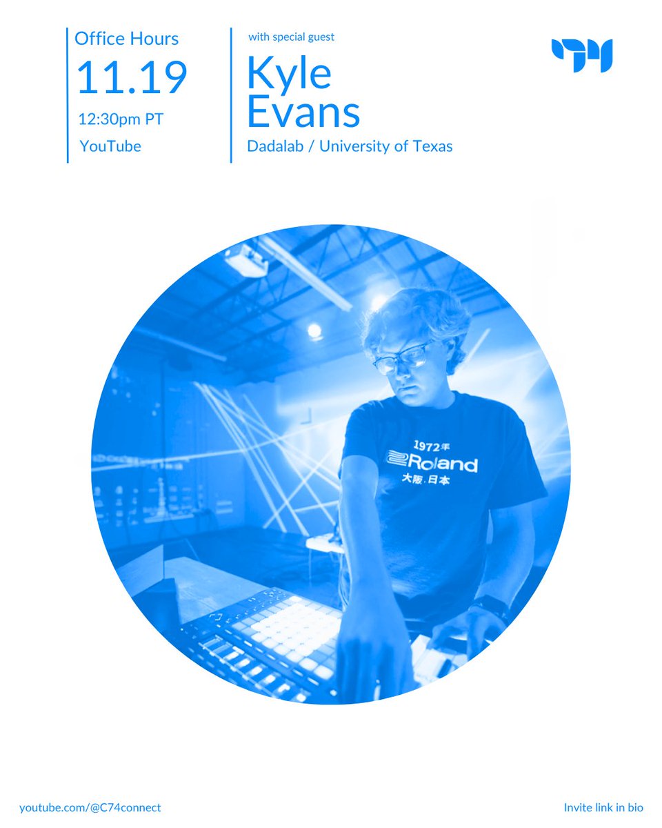 cycling74's tweet image. 🔊 THIS WEDNESDAY, 11/19 🔊 We’ve got another great session of Office Hours coming up, featuring special guest Kyle Evans of @dadaLab_io &amp;amp; @utsdct ! 🎛️

Join us on YouTube at 12:30pm PT 👇
🔗 youtube.com/live/K4wn0cEXi…

#maxmsp #installation #computermusic #AustinTx #audiotech