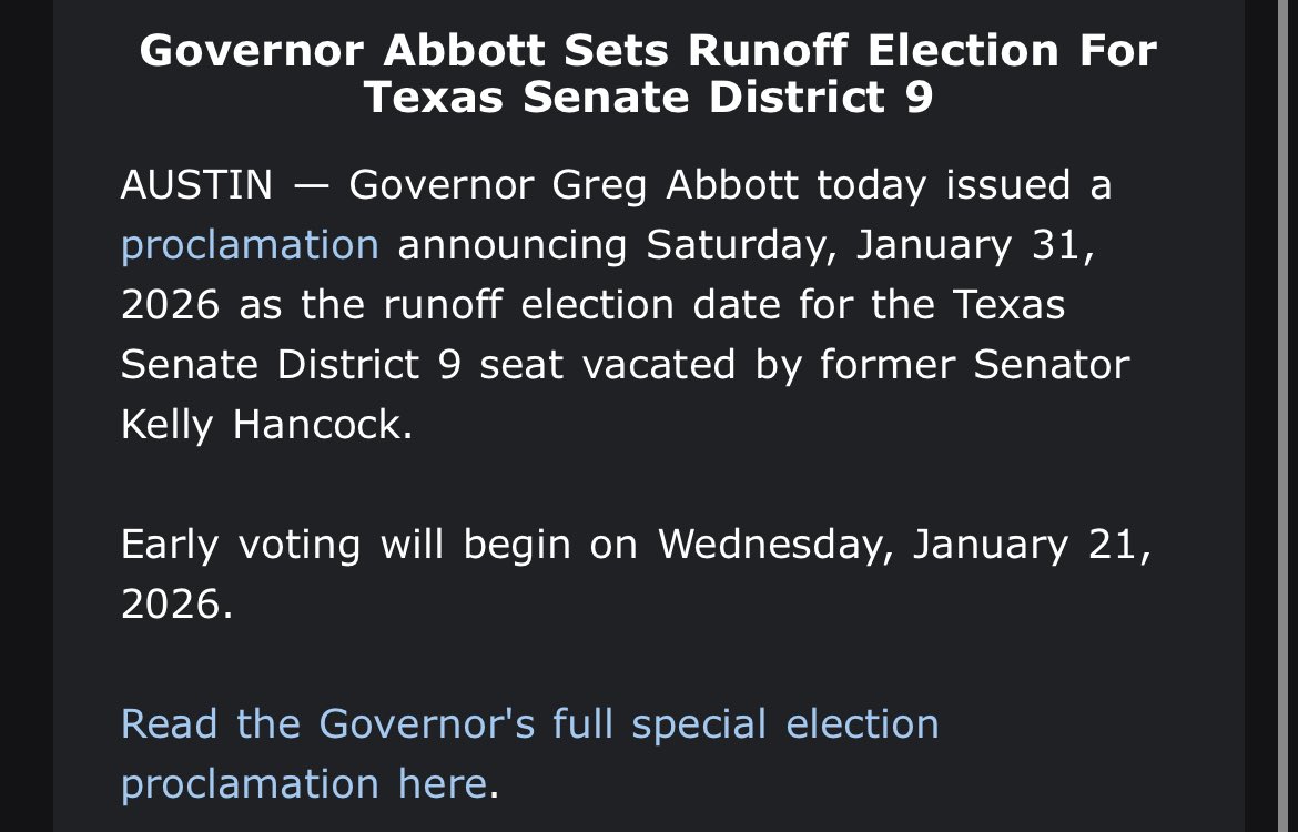 Gov. Abbott also sets the #SD9 special election runoff between <a href="/TaylorRehmetTX/">Taylor Rehmet</a> and <a href="/LeighForTexas/">Leigh Wambsganss</a> for January 31. #txlege