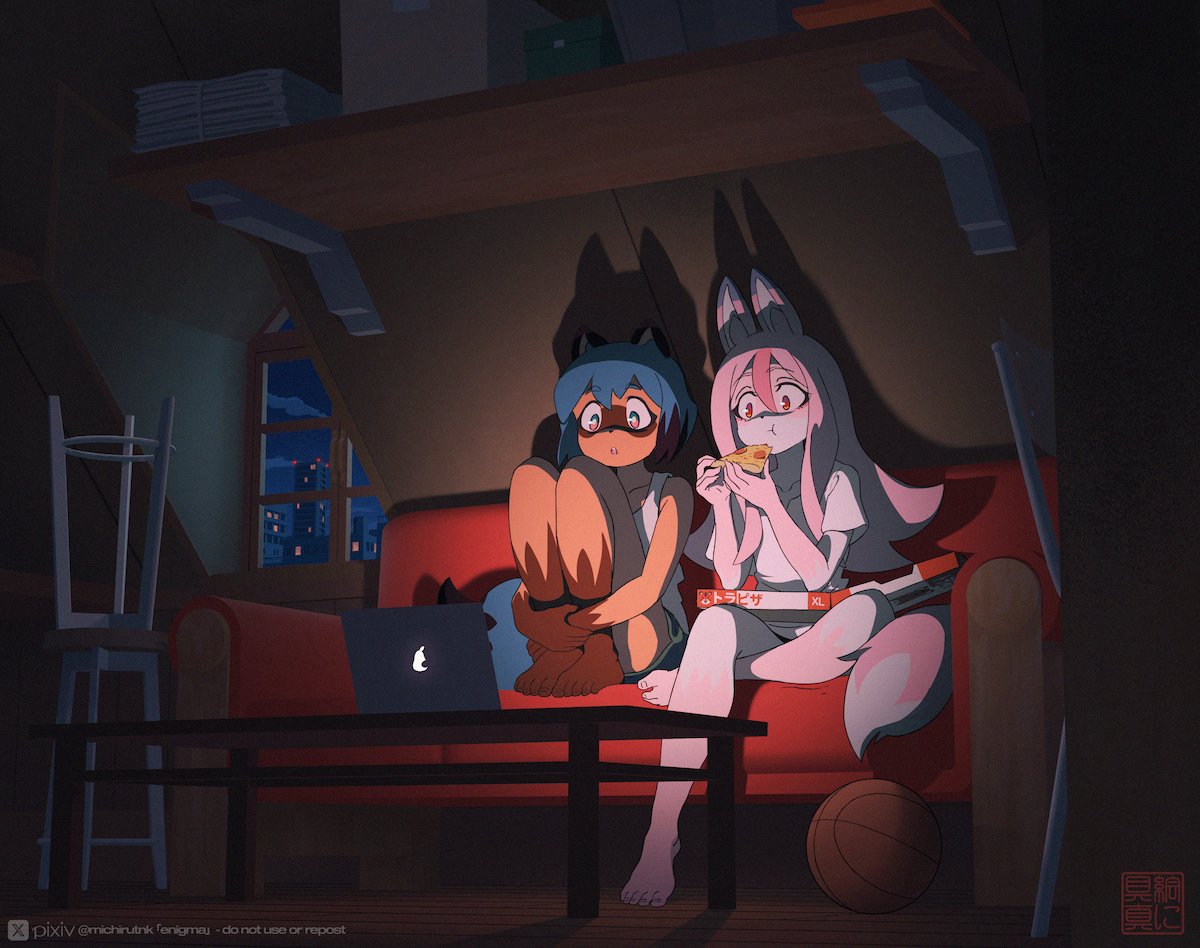 michirutnk's tweet image. 「映画とピザと、ふたりの終わらない夜」🍕🎞️💞
#BNAビー・エヌ・エー #TRIGGER #fanart