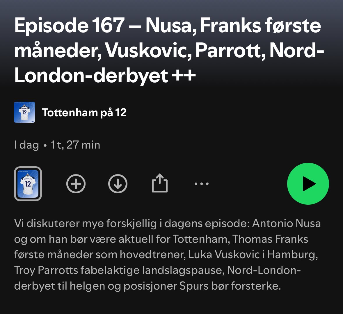 Ny episode! På tide å tune fokus over på Tottenham igjen. Vi snakker bl.a. om Franks første måneder i Spurs, et januarvindu som kryper stadig nærmere og søndagens NLD.

Og hvorfor bør ikke norske Tottenham-supportere håpe at Spurs kjøper Nusa? 🙃😅

<a href="/erikheimdal00/">Erik K. Heimdal</a> <a href="/Lars_Peder/">Lars Peder Karset Hellerud</a>