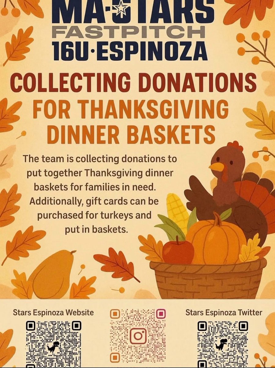 With your help, MA Stars Espinoza is hoping to make sure everyone has a hot meal on Thanksgiving Day and clothes to keep them warm!

Needed items:
• Stuffing boxes
• Instant potatoes or scallop potatoes
• Canned green beans
• Canned corn
• French fried onions
• Gravy jars