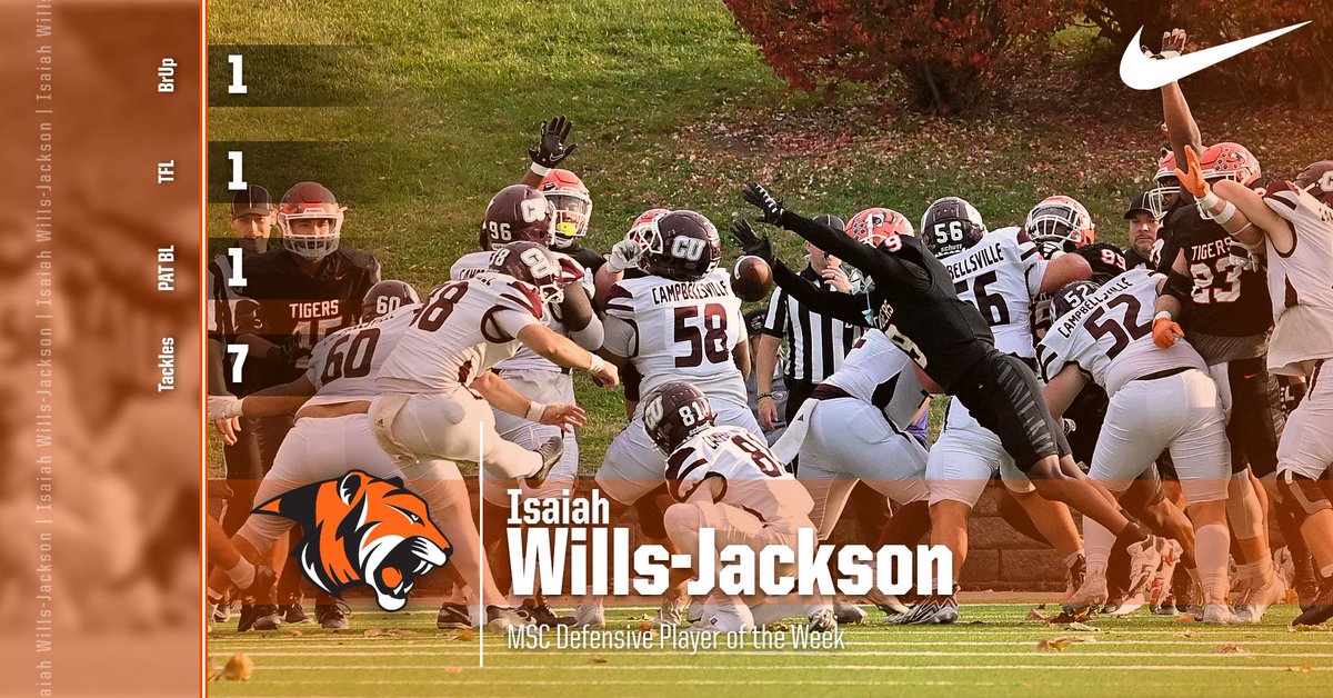 Isaiah Wills-Jackson was named the Mid-South Defensive Player of the Week.

The junior had seven tackles and blocked a pivotal point after attempt to help the Tigers secure the 34-32 win over No. 10 Campbellsville.

#TigerPride