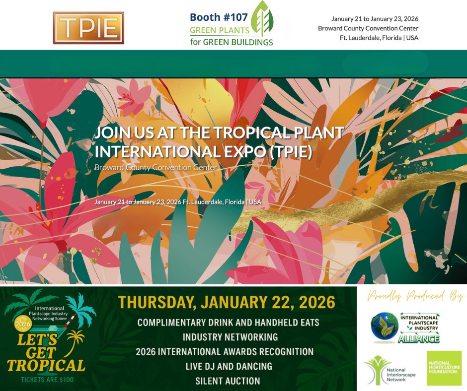 🌴 TPIE 2026 is coming!
📅 Jan 21–23 | Ft. Lauderdale, FL
1,100+ booths &amp; 450+ exhibitors 🌱
Exclusive nursery tours &amp; education sessions
Plus, International Plantscape Awards LIVE + Let’s Get Tropical Charity Soirée 🎉
💻 Event Info: greenplantsforgreenbuildings.org/events/