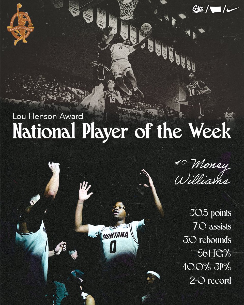 🌟 𝙉𝘼𝙏𝙄𝙊𝙉𝘼𝙇 𝙋𝙇𝘼𝙔𝙀𝙍 𝙊𝙁 𝙏𝙃𝙀 𝙒𝙀𝙀𝙆 💰

<a href="/mxney___/">Money Williams</a> led us to a pair of wins last week and gets a huge honor as a result 👏

#GrizHoops | #GoGriz