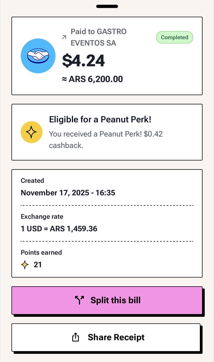 diego_defi's tweet image. 🍻 Primera birra oficial de #Devcon2025
  
Pagada con @joinpeanut  

¡Y me devolvieron **10% cashback** instantáneo! → $0.42 USD de regalo 🎉