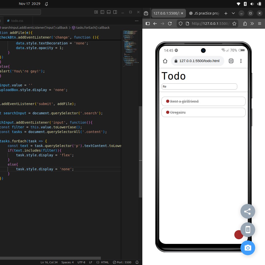 0x__Kenny's tweet image. Day 100 of #100daysofcode 🥳🥳

omo, finally free
I decided to revise js a little but this time with a twist
Todo App:
- Learnt how to make search function
- Tried mobile first building(kinda easier)
- Made shii more complex(check box)
-Mostly used normal functions(Big W!!!)