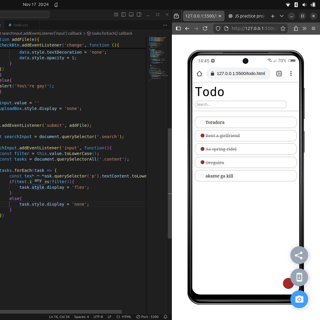 0x__Kenny's tweet image. Day 100 of #100daysofcode 🥳🥳

omo, finally free
I decided to revise js a little but this time with a twist
Todo App:
- Learnt how to make search function
- Tried mobile first building(kinda easier)
- Made shii more complex(check box)
-Mostly used normal functions(Big W!!!)