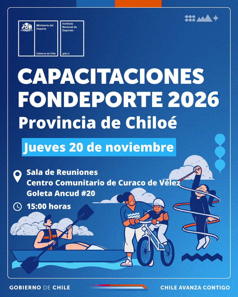 🚨¡Atención Curaco de Vélez! 

Te invitamos a asistir a una capacitación sobre el Concurso Público Fondeporte 2026

📆Jueves 20 de noviembre 
⏰15:00 hrs
📌Sala de Reuniones Centro Comunitario de Curaco de Vélez
📍Goleta Ancud #20
🖲️Curaco de Vélez

Consultas carlos.moraga@ind.cl