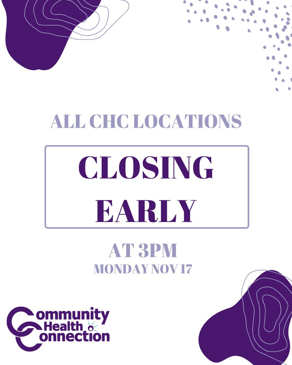Please note that all CHC locations will be closing early at 3pm today, Monday, November 17, to celebrate the groundbreaking of our maternal and child health center!