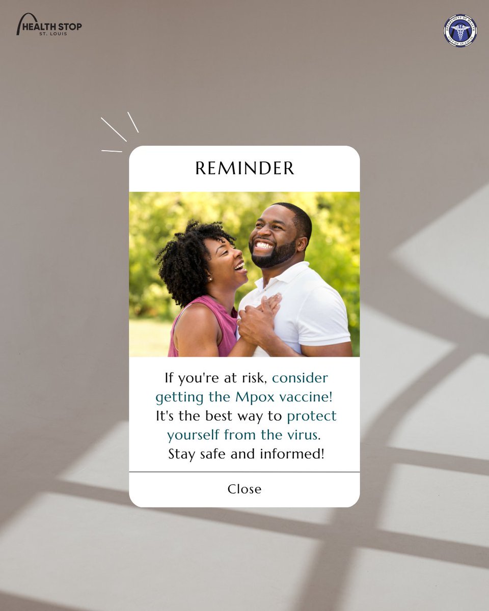 HealthStopSTL's tweet image. Protect yourself from mpox—get vaccinated! It’s your best defense against the virus. Learn more at healthstopstl.com #MpoxVaccine #GetVaccinated #StayProtected

@CityofSTLDOH