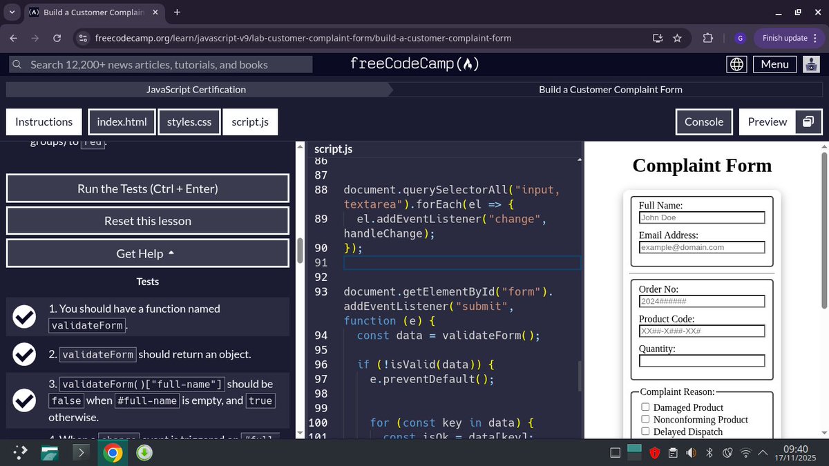 Ujahgrace17's tweet image. Today on #freecodecmp, I built a customer complaint form. The code validates each form field based on specific rules and returns an object showing which fields are valid. It also highlights fields in green or red on change, and prevents form submission if any field is invalid.