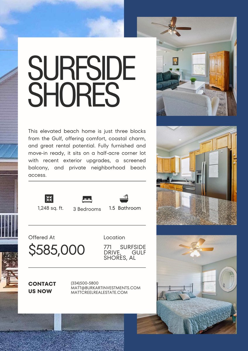 MattCreel4's tweet image. Turnkey STR in Surfside Shores!
Fully furnished ✔️ Sleeps 8+ ✔️ Private beach access ✔️
3BR/1.5BA on a half-acre corner lot — steps from the Gulf.
📍 771 Surfside Dr | $585K
Great income potential + major upgrades.

#mattcreelrealestate #signatureproperties #GulfShores