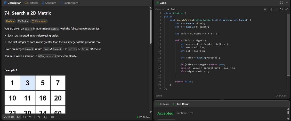 nivedita_s0001's tweet photo. #Day43 of #150DaysLevelUp with @siamjuit 
Problem: Search a 2D matrix
#LeetCode #ProblemSolving #programmingbeginners https://t.co/kWMM4CA9Wo