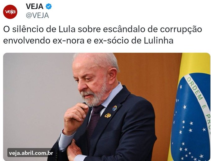 Screenshot of a VEJA news article with logo and Twitter handle, headline O silencio de Lula sobre escandalo de corrupcao envolvendo ex-nora e ex-socio de Lula, below it a photo of Luiz Inacio Lula da Silva, an elderly man with white hair and beard, wearing a dark suit, white shirt, maroon tie with pin, sitting thoughtfully with hand on chin, Brazilian flag in background, VEJA URL at bottom.
