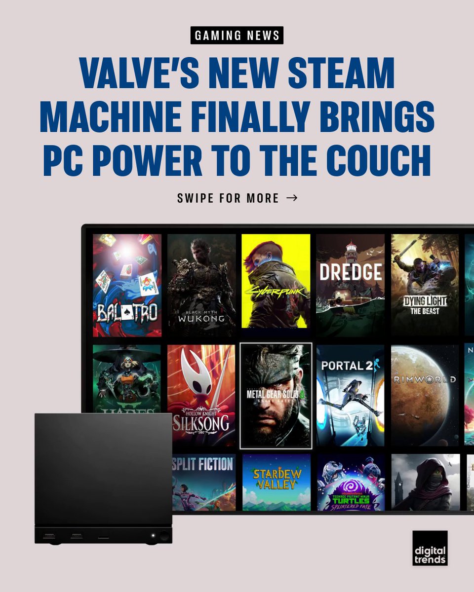 DigitalTrends's tweet image. Valve has officially launched the new Steam Machine: a compact, SteamOS-powered gaming box that claims to deliver more than six times the horsepower of a Steam Deck.

#steammachine #steam #pcgaming #gaming #technews