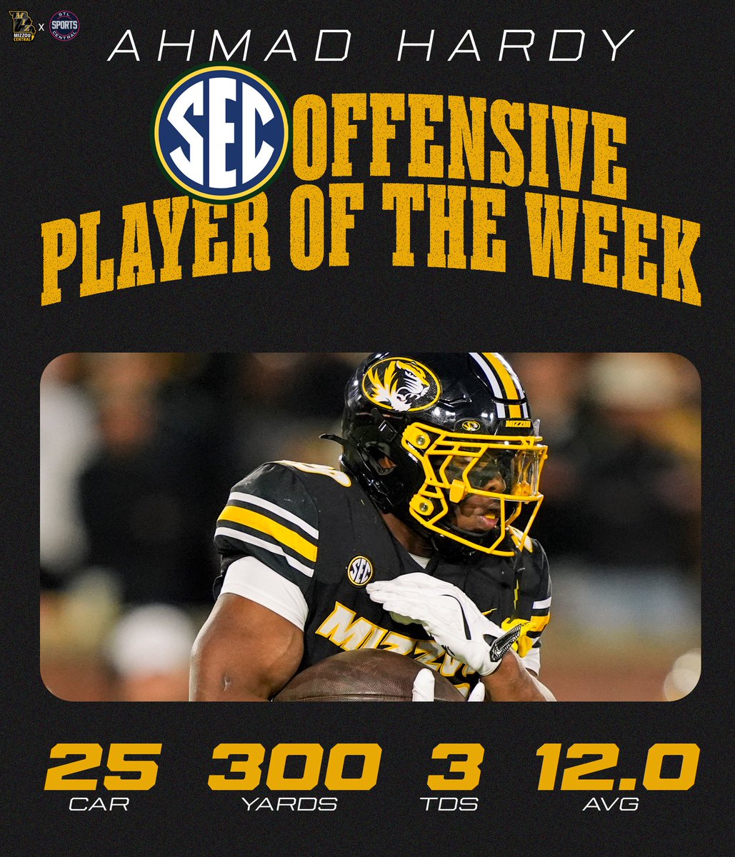 STLSprtsCntrl's tweet image. What a performance! 

Ahmad Hardy takes home SEC Offensive Player of the Week honors 🐯

#MIZ @MIZCentral