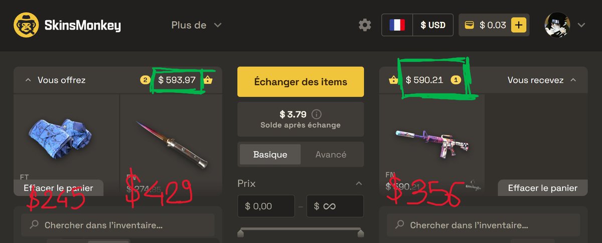 Electriz's tweet image. Is there a site worse than @skinsmonkey in terms of pricing? 

Trading $674 for $356 is CRAZY
(Red prices are based on csfloat)