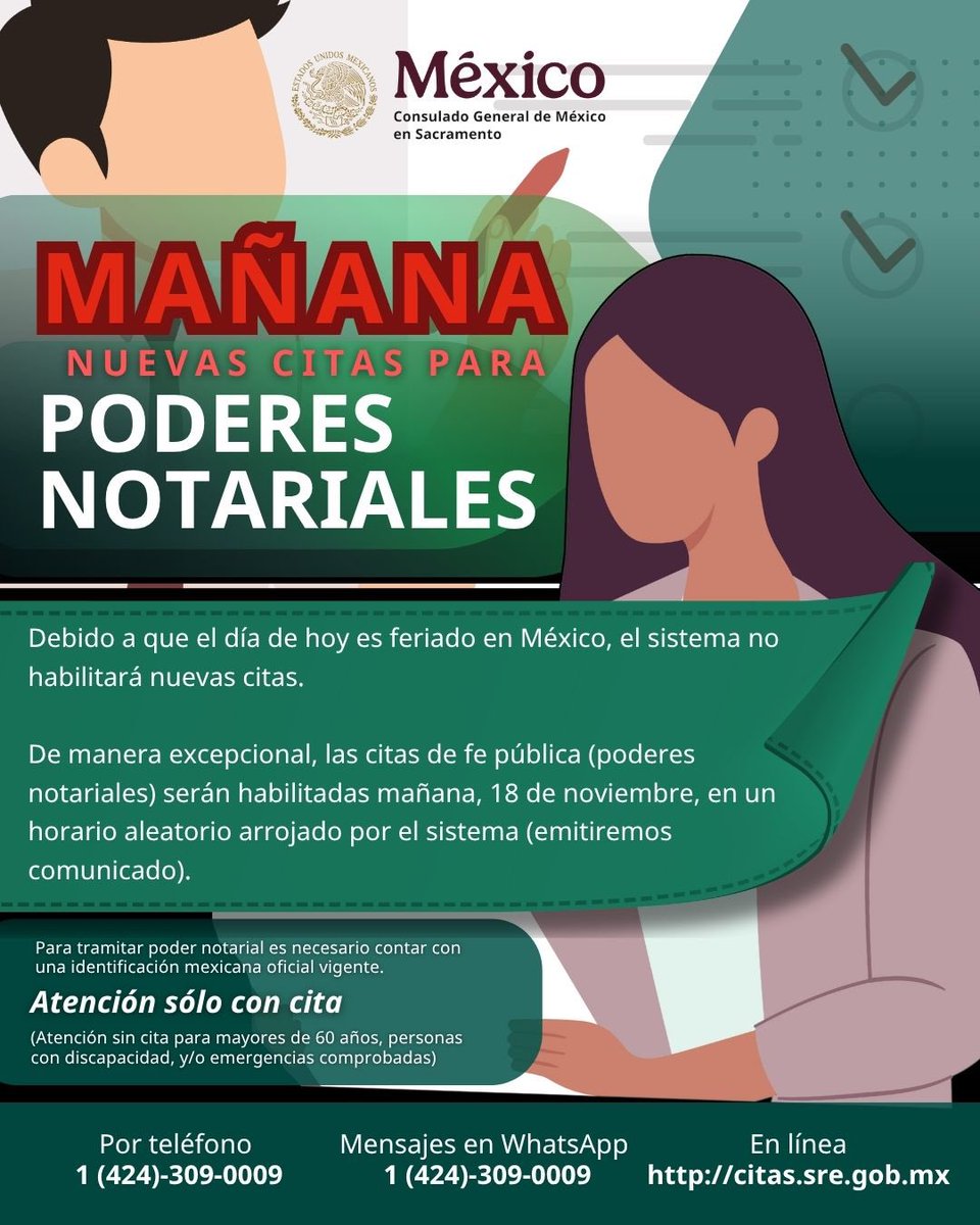 🌟 Mañana, 18 de noviembre, se habilitarán nuevas citas para poderes notariales. Hoy, por feriado en México, no habrá disponibilidad. Agenda por WhatsApp 1 424 309 0009 o en citas.sre.gob.mx ⚠️ ¡Apresúrate! #ConsuladoAPuertasAbiertas 🇲🇽