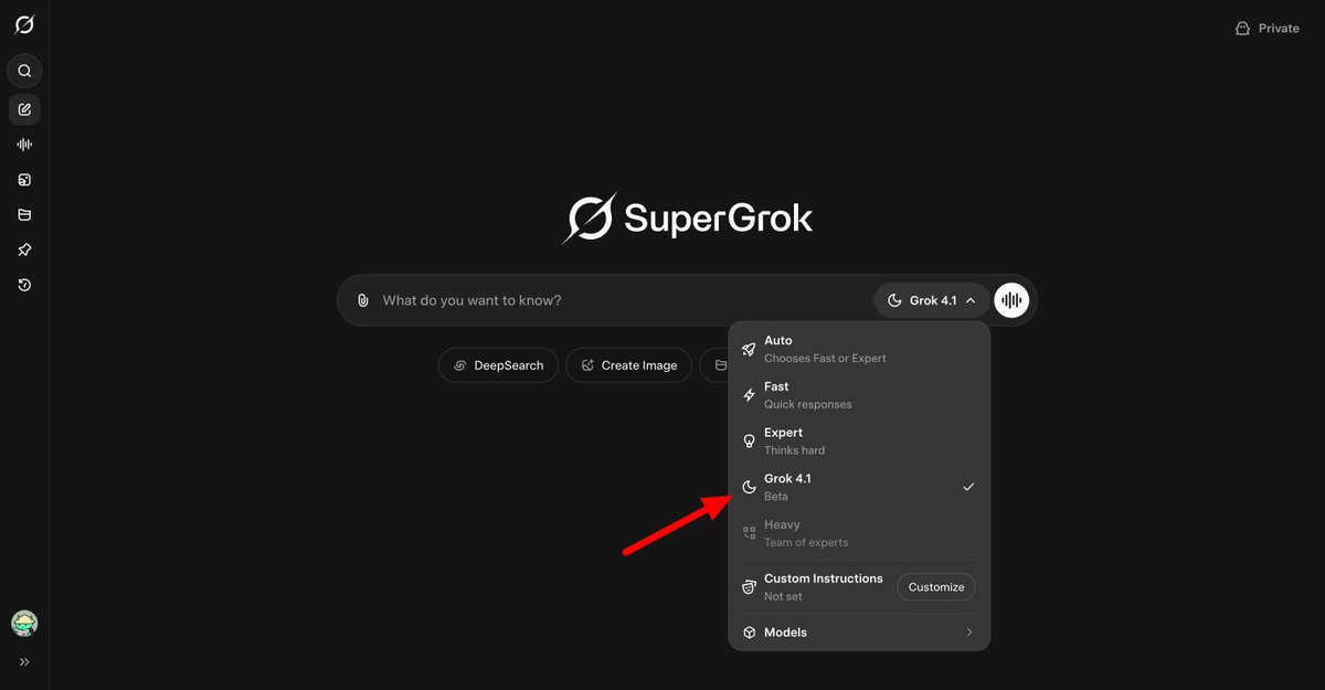 testingcatalog's tweet image. BREAKING 🚨: Grok 4.1 Beta is rolling out on the Grok web! It is available as a standalone option, next to the existing Grok 4 modes. 

Testing time 👀