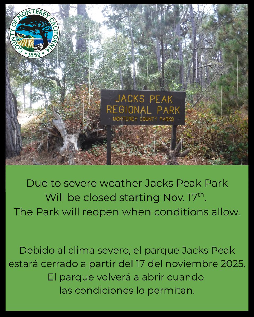 Jacks Peak Park will be closed starting today, Nov. 17th! El parque Jacks Peak estará cerrado a partir del 17 del noviembre 2025. #jackspeakpark #montereycalifornia #montereycounty