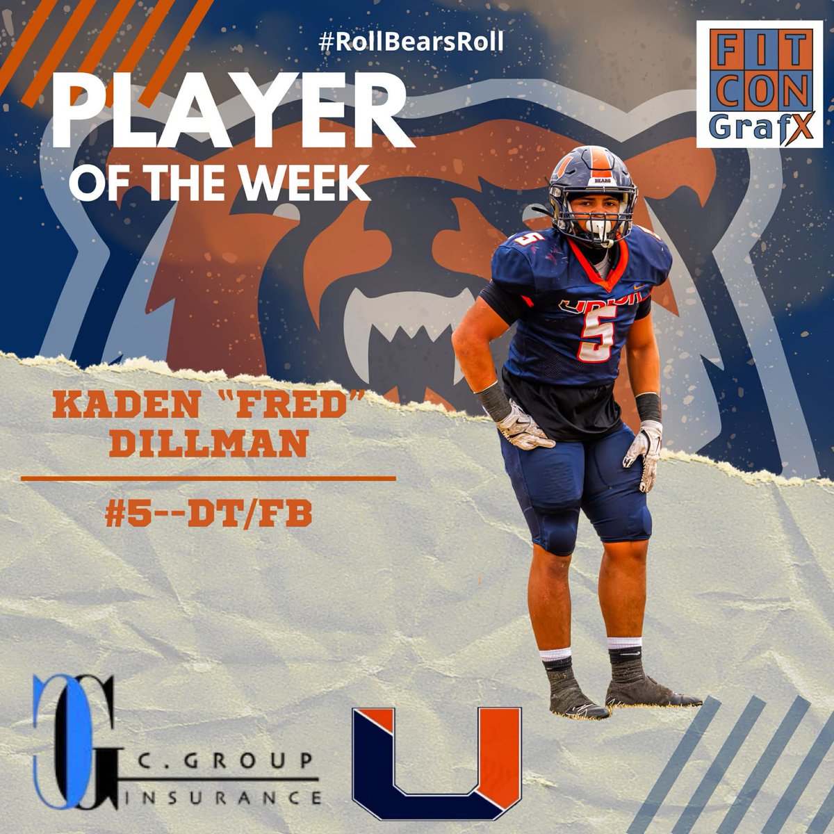 Congratulations to our 1st Round Playoffs Player of the week! 
Fred had several big tackles and a pick-6 for the Bears in Union’s win over Lee!