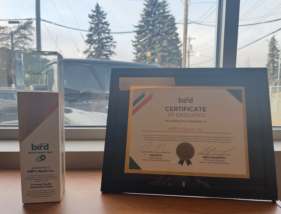 ArpisNorth's tweet photo. Congratulations to our Project Manager Sheldon Cox and our Field Supervisor Jean-Francois Hotton-Bujold on receiving the Safety First Award from Bird Construction Inc. for Arpi's North Inc. https://t.co/eWlpYCBbcA
