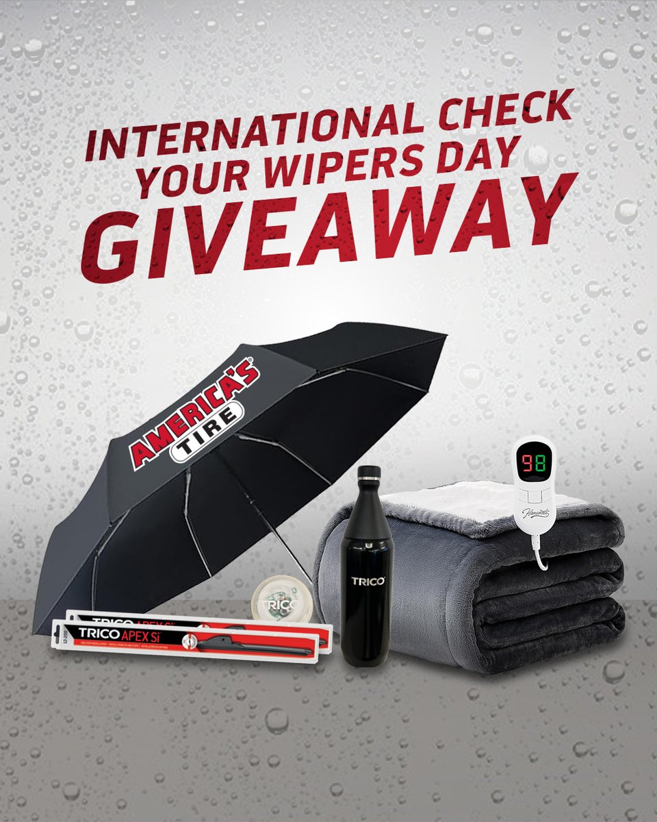 Even if the rain goes away, you keep the prizes! Celebrate International Check Your Wipers Day with a chance to win this all-weather prize pack. ☔

🌂 America's Tire Umbrella
🔥 Heated Blanket
🧼 TRICO Wiper Blades: Apex Si Wipers
🥤 TRICO® Stanley All Day Slim Bottle
🚨 TRICO®