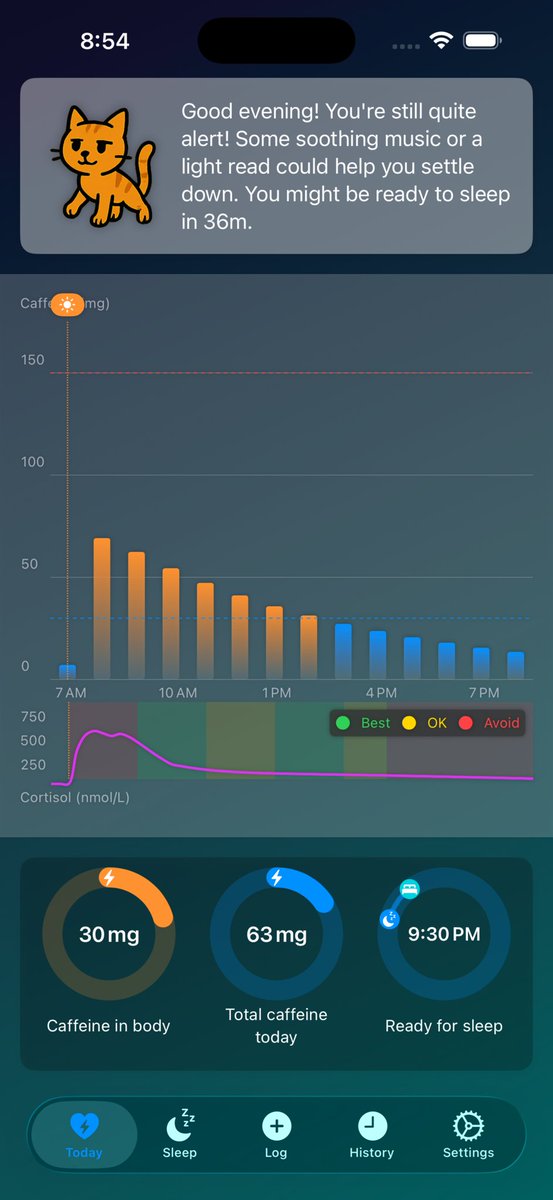 MindfulCofApp's tweet image. Soothe your eyes and your schedule - Mindful Coffee’s new Dark Mode (Liquid Glass UI) makes logging caffeine and visualizing your cortisol rhythm effortless and stylish. Perfect for late-night planning and better sleep. ☕🌙 #DarkMode #Wellness #iOS