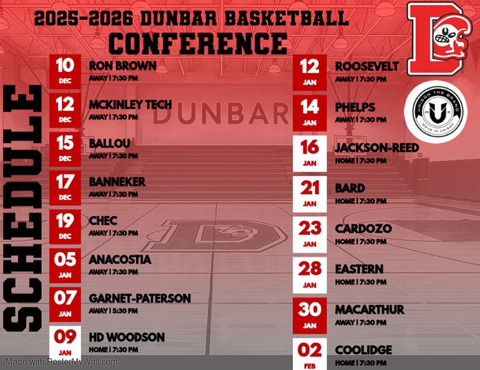 Here is the Official ‘25-‘26 Dunbar Mens Basketball Conference &amp; Non-Conference Season Schedule! 🔴⚫️
#DunbarBasketball #RaisingTheBar