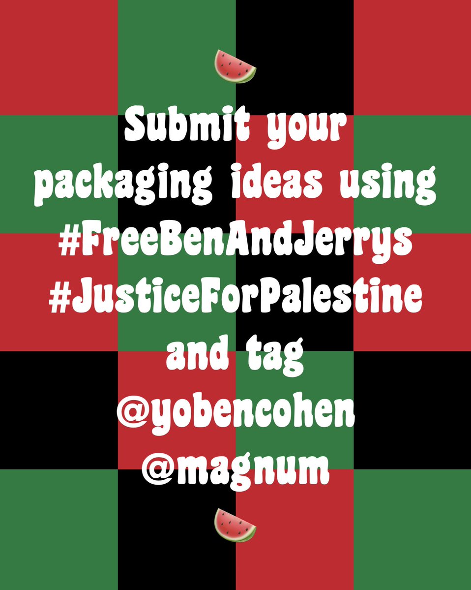 YoBenCohen's tweet image. We - that’s you and me - are making our pint for peace in Palestine - the one that @magnum wouldn’t let Ben &amp;amp; Jerry’s make. 

The winning flavor was revealed yesterday - watermelon, mint and chocolate thanks to our Flavor Winner Laura!

But that’s just one part of the contest -…