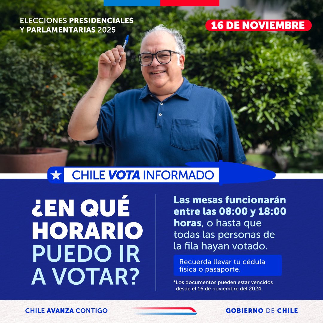 ☝️ Prefiere asistir durante la mañana para evitar filas y altas temperaturas.
☀️Cuídate del sol: usa protector solar, gorro o sombrilla, ropa ligera y mantente hidratado.  #ChileVotaInformado