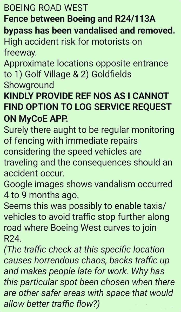 Spanxfull's tweet photo. BOEING RD WEST • Ekurhuleni
Fence between Boeing W &amp; R24/113A bypass vandalised &amp; removed.
Close to  1) Golf Village &amp; 2) Goldfields Showground
KINDLY PROVIDE REF NOS AS I CANNOT FIND OPTION TO LOG SERVICE REQUEST ON MyCoE APP.
@City_Ekurhuleni @GautengProvince @gautenghotline https://t.co/bdXxude03P