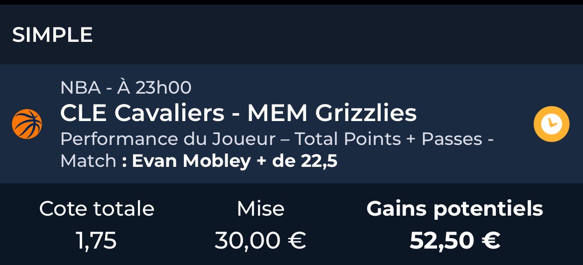 FastBreakTips's tweet image. #NBA 

⚠️ MATCH DANS 1H ⚠️ 

Mobley over 22,5 points/sssists
@ 1,75 💰 1.5% 

RT ♻️ / Fav ❤️ si tu suis 
#TeamParieur #FastBreakTips