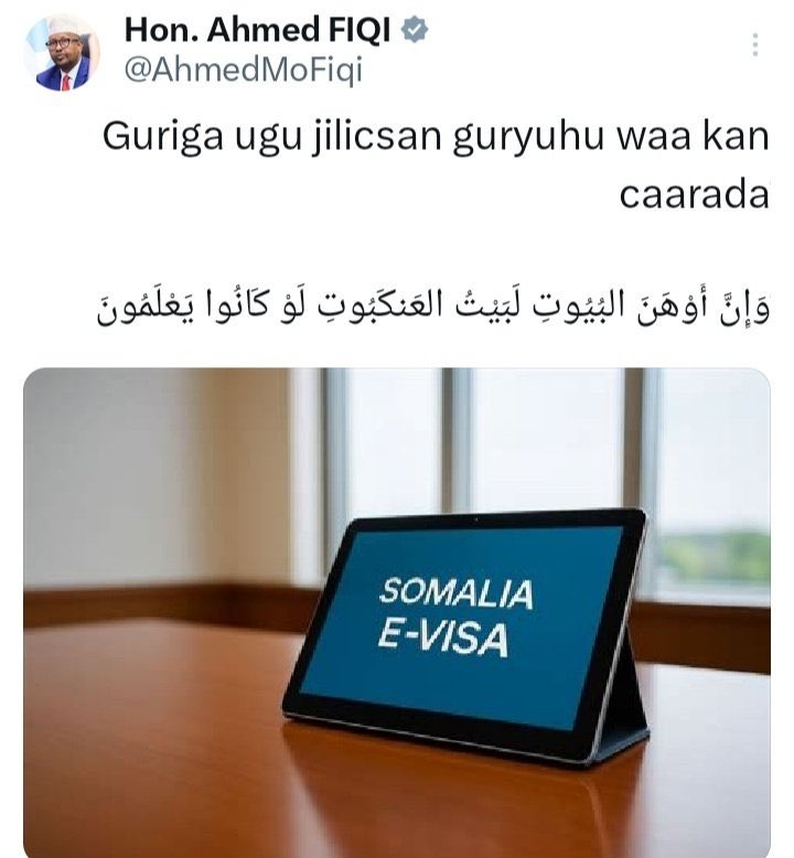 yGabobe's tweet photo. Fiqi Stuk In His Own Xuub Caaro

Somalia’s Defence Minister Ahmed Fiqi thought he had scored a clever victory when he mocked Somalilanders over Mogadishu’s newly-imposed E-Visa scheme. As airlines, briefly and mistakenly ,followed Somalia’s instructions, Fiqi rushed to social media to gloat, declaring that “the weakest of all houses is the house of the spider,” even quoting a Qur’anic verse to taunt Somaliland.

But the contemptuous remarks didn’t age well.

Once the E-Visa system collapsed under its own incompetence, security leaks, illegalities, and global airline pushback ,carriers returned to complying with Somaliland’s Visa-On-Arrival rules. And suddenly, Fiqi’s triumphant spider analogy came back to bite him.

Instead of humiliating Somaliland, he became the punchline. Somaliland social media turned him into a meme, complete with caricatures, and crowned him with a new nickname:

“Fiqi Xuub Caaro”- Fiqi the Spider Nest.

The man who tried to brand Somaliland as a spider’s web ended up stuck in his own.