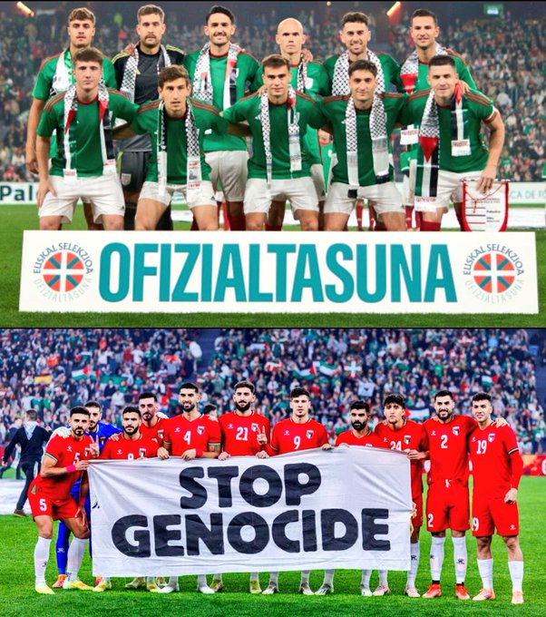 Top image displays eleven male soccer players from CA Osasuna wearing green and white striped jerseys and white shorts standing in a line on a green stadium field with a blurred crowd in the background. They pose confidently with arms around each other. A horizontal banner at the bottom reads Ofizial Alta Tasuna in white text on a green background with a cross emblem. Bottom image shows twelve male soccer players from the Iran national team in red jerseys with white shorts and socks holding a large white banner that reads STOP GENOCIDE in black capital letters. They stand on a green soccer field with stadium seating and some spectators visible behind them.