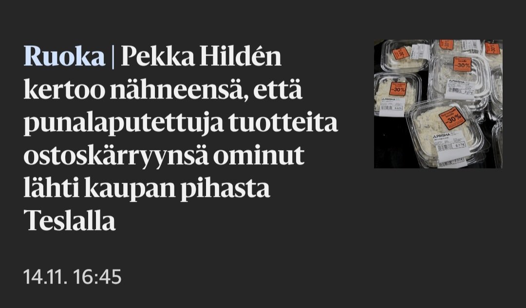 JukkaLepikko's tweet image. Jos ajaa Teslalla, ei saa vaikuttaa ruokahävikkiin.

T. Hesari